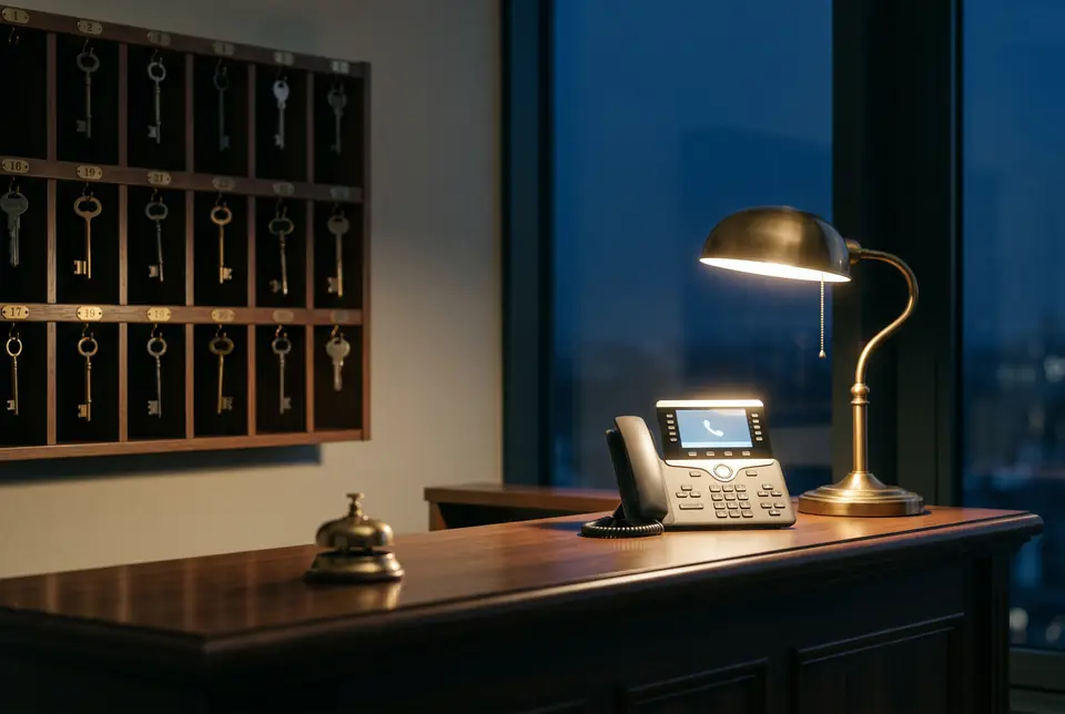 Eine leere Hotelrezeption bei Nacht, auf dem Tresen klingelt das Telefon.