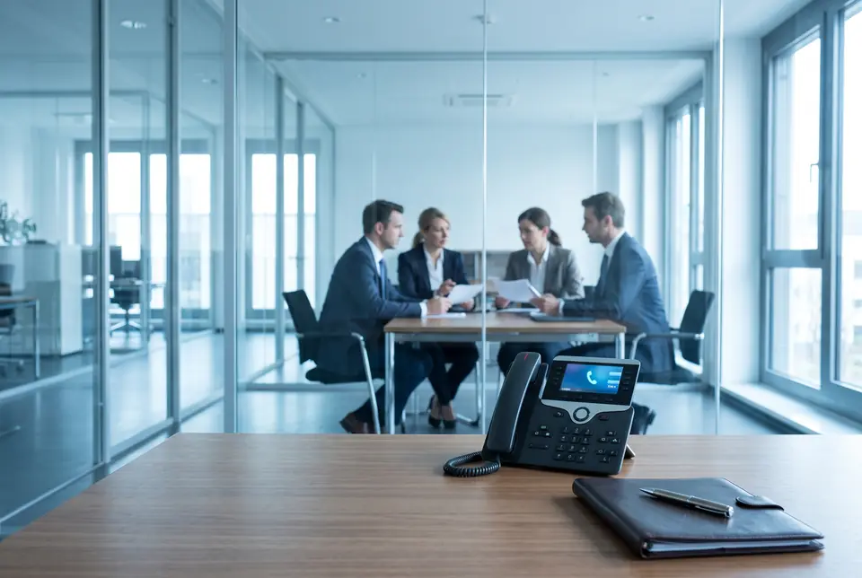 Alle sitzen hinter Glas in einer Besprechung, vorne klingelt das Telefon auf dem leeren Schreibtisch.